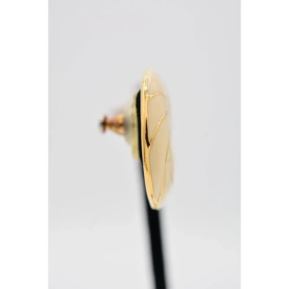 Napier Vintage Round Earrings Off White Enamel Stud Gold Tone Signed 1980s 9L